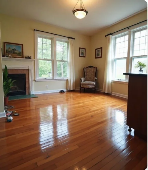 Same living room fully restored with refinished hardwood floor