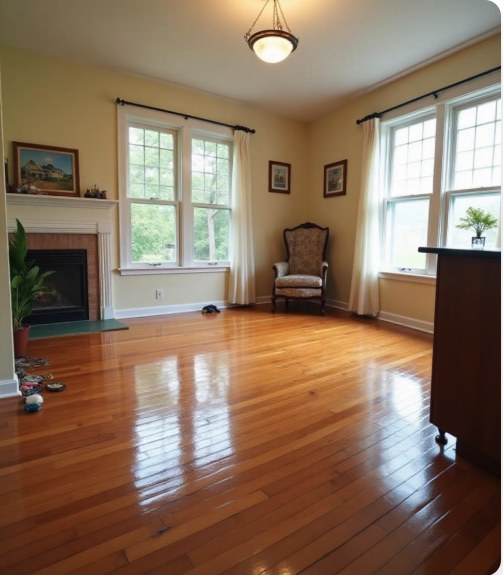 Same living room fully restored with refinished hardwood floor