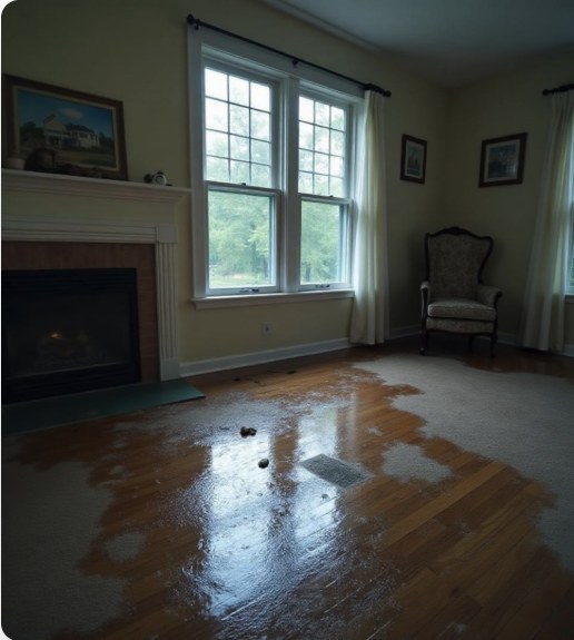 Living room with standing water damage before restoration